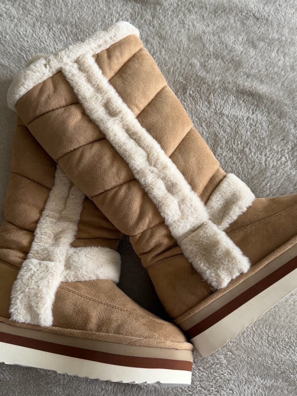 Women’s Tan Faux-Suede Winter Boots with Cream Faux-Fur Trim